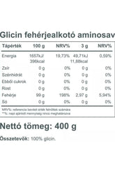 Nutritional information for Vitaking Glycine 100% pure powder, 400 g, detailing energy and amino acid content.